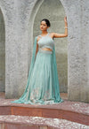 Sea Green Thread Embroidery Lehenga in Chinon