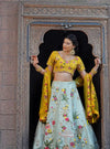 Mustard, Sky Blue Hand Embroidery Lehenga in Silk