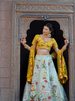 Mustard, Sky Blue Hand Embroidery Lehenga in Silk